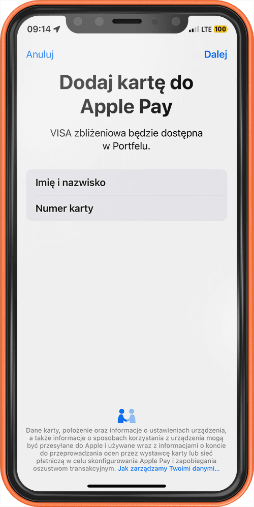 Przykładowy ekran z aplikacji Portfel Apple - dodaj kartę do Apple Pay