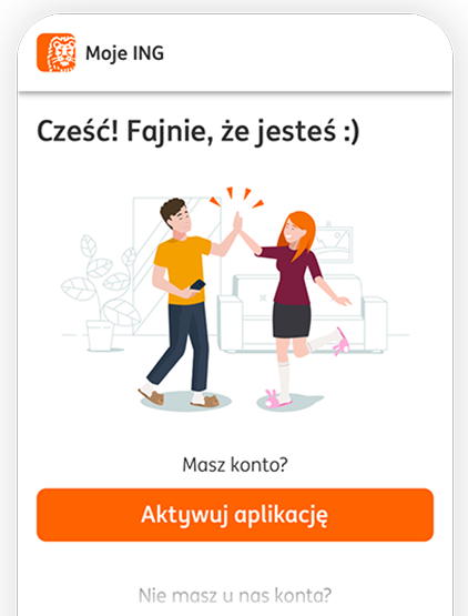 Ekran początkowy przy instalacji Mojego ING na telefon. Nagłówek: Cześć! Fajnie, że jesteś. Przycisk aktywuj aplikację