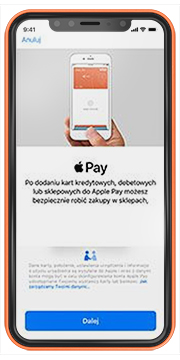 Przykładowy ekran z aplikacji Portfel Apple - napis: po dodaniu kart kredytowych, debetowych lub sklepowych do Apple Pay możesz bezpiecznie robić zakupy w sklepach