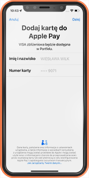 Przykładowy ekran z aplikacji Portfel Apple - napis: Dodaj kartę do Apple Pay i przykładowe dane