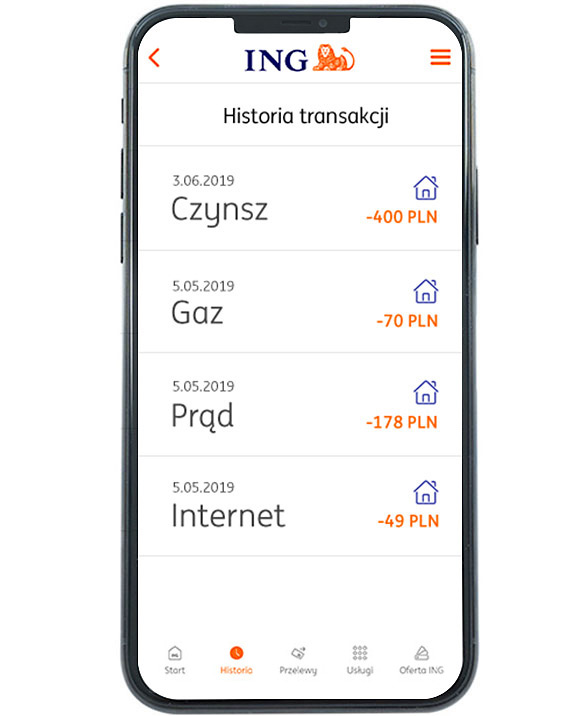 Przykładowy ekran z aplikacji Moje ING - Historia transakcji z przelewami za Czynsz, Gaz, Prąd i Internet