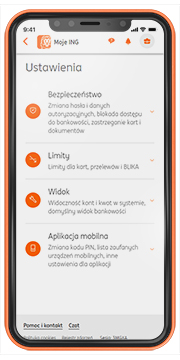 Przykładowy ekran aplikacji Moje ING - Ustawienia w profilu firmowym