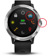 Przykładowy widok tarczy zegarka Garmin - wskazany wybór kart i przycisk