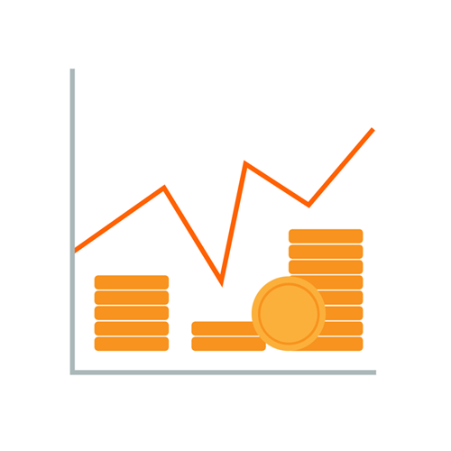 Ilustracja przedstawiająca wykres z linią wzrostu, w tle piktogramy monet - symbol pieniędzy.