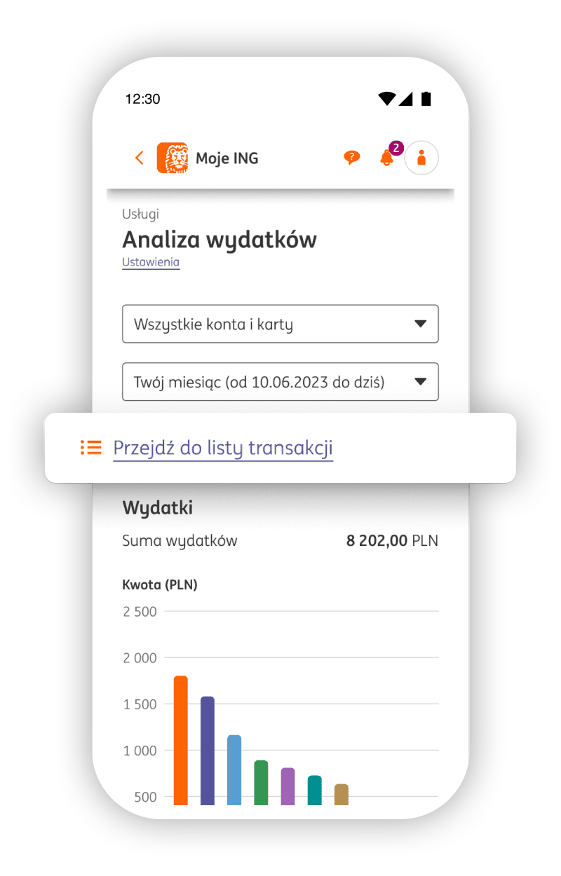 Analiza wydatków z podkreśleniem przejścia do listy transakcji