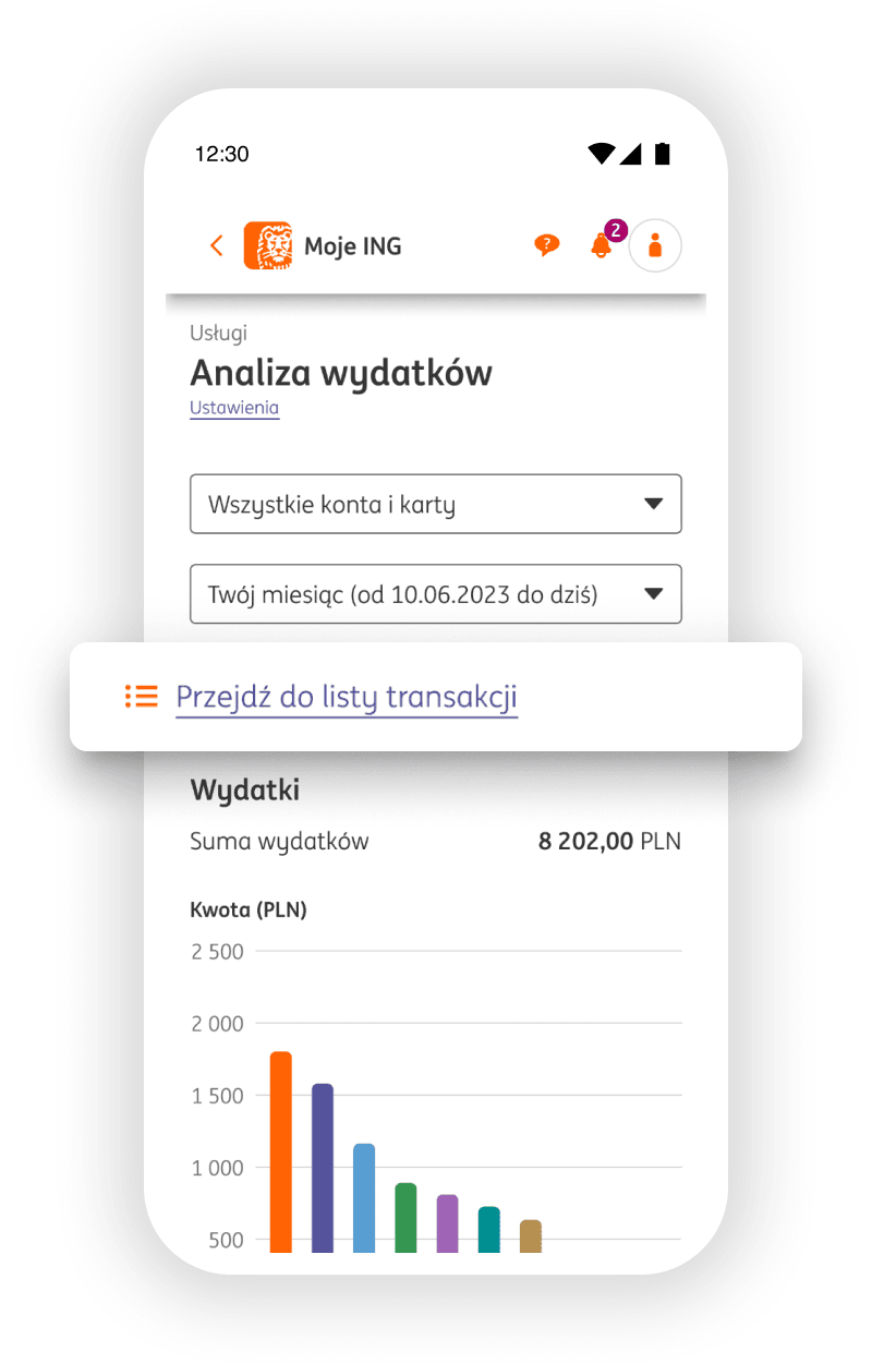 Analiza wydatków z podkreśleniem przejścia do listy transakcji