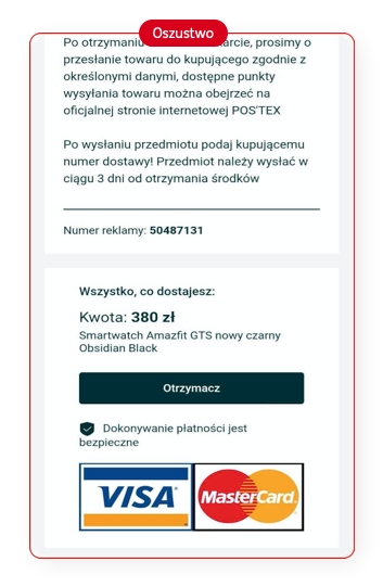 Ekran z przykładowym oszustwem - potwierdzenie zakupu, które kieruje do fałszywej strony bankowej. Na ekranie widoczne błędy językowe, które sugerują że strona moze być dziełęm oszusta