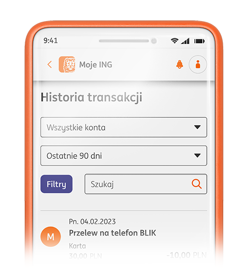 Ekran telefonu po zalogowaniu do Mojego ING. Przykładowa Historia transackcji z filtrami do wyszukiwania