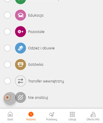 Fragment listy kategorii Analizy wydatków w aplikacji Moje ING z zaznaczoną opcją "Nie analizuj"