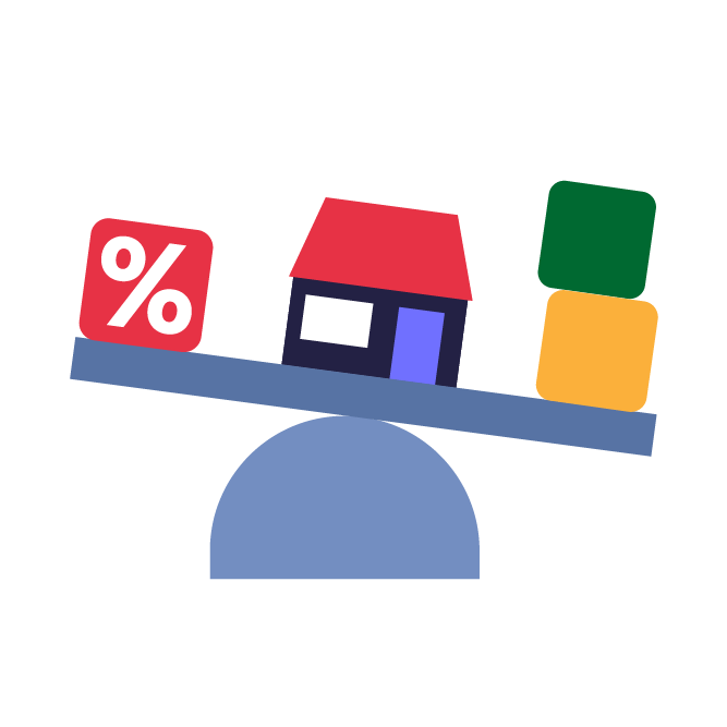 Ilustracja przedstawiająca wagę – po jednej stronie klocek symbolizujący dom, po drugiej klocek z symbolem procentu – obrazująca równowagę między wartością nieruchomości a oprocentowaniem kredytu hipotecznego