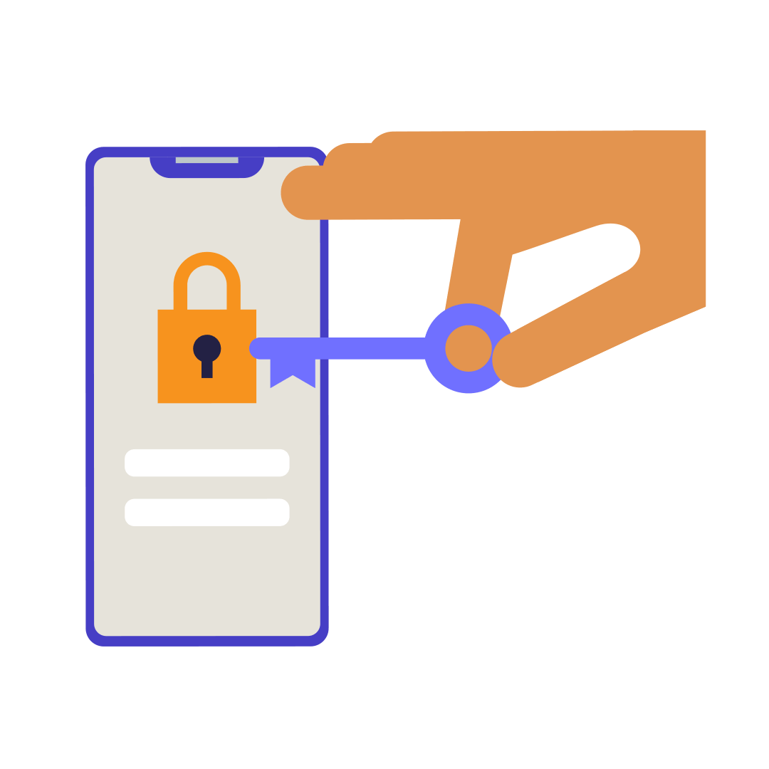 Ilustracja przedstawiająca smartfon z oknem logowania o kłódką na ekranie, a obok ręka trzymająca klucz.
