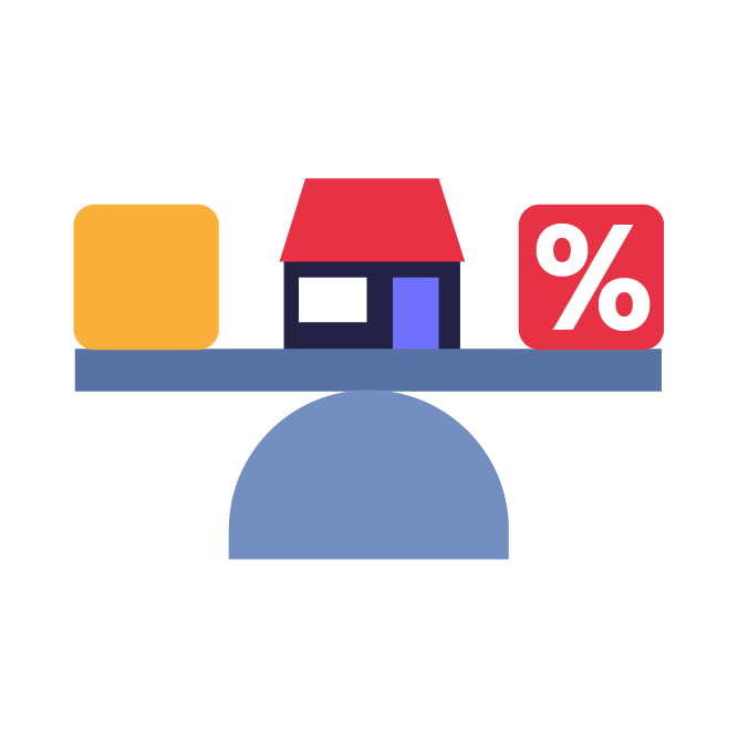 Ilustracja przedstawiająca wagę – po jednej stronie klocek symbolizujący dom, po drugiej klocek z symbolem procentu – obrazująca równowagę między wartością nieruchomości a oprocentowaniem kredytu hipotecznego.