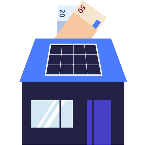 Ilustracja  przedstawiająca dom z fotowoltaiką na dachu i symbolem pieniędzy - oszczędności na rachunkach za prąd.