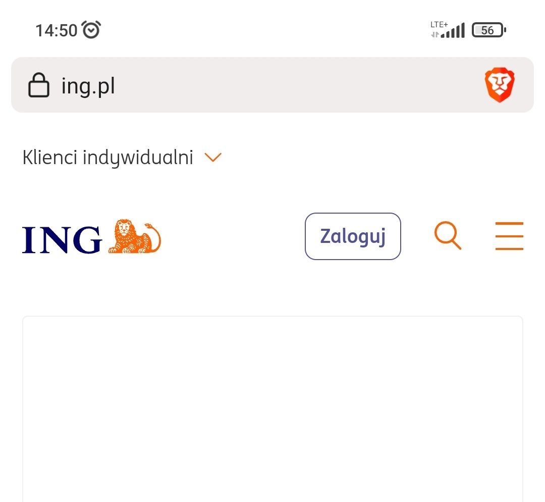 Ekran telefonu, gdzie w pasku z adresem url widoczny jest jedynie adres ing.pl