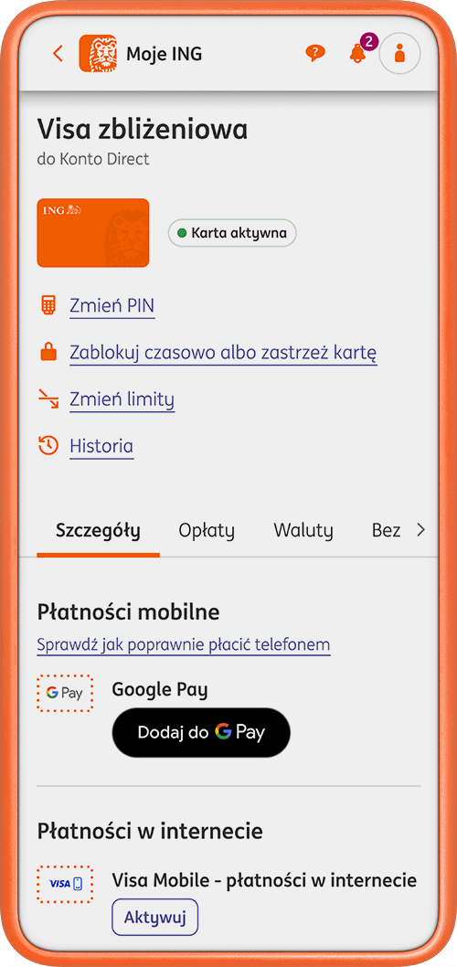 Przykładowy ekran z aplikacji Moje ING - widok szczegółow produktu Karta Visa zbliżeniowa