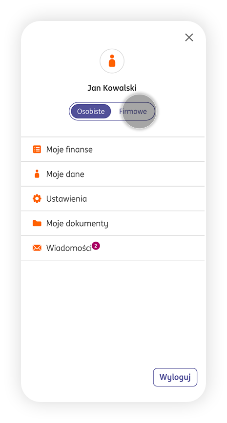Ekran po zalogowaniu do aplikacji - widok profilu. Pod imieniem i nazwiskiem użytkownika widoczny jesr przycisk z suwakiem z napisem osobite po lewej i firmowe po prawej. Przesuwając suwak można przełączyć konto