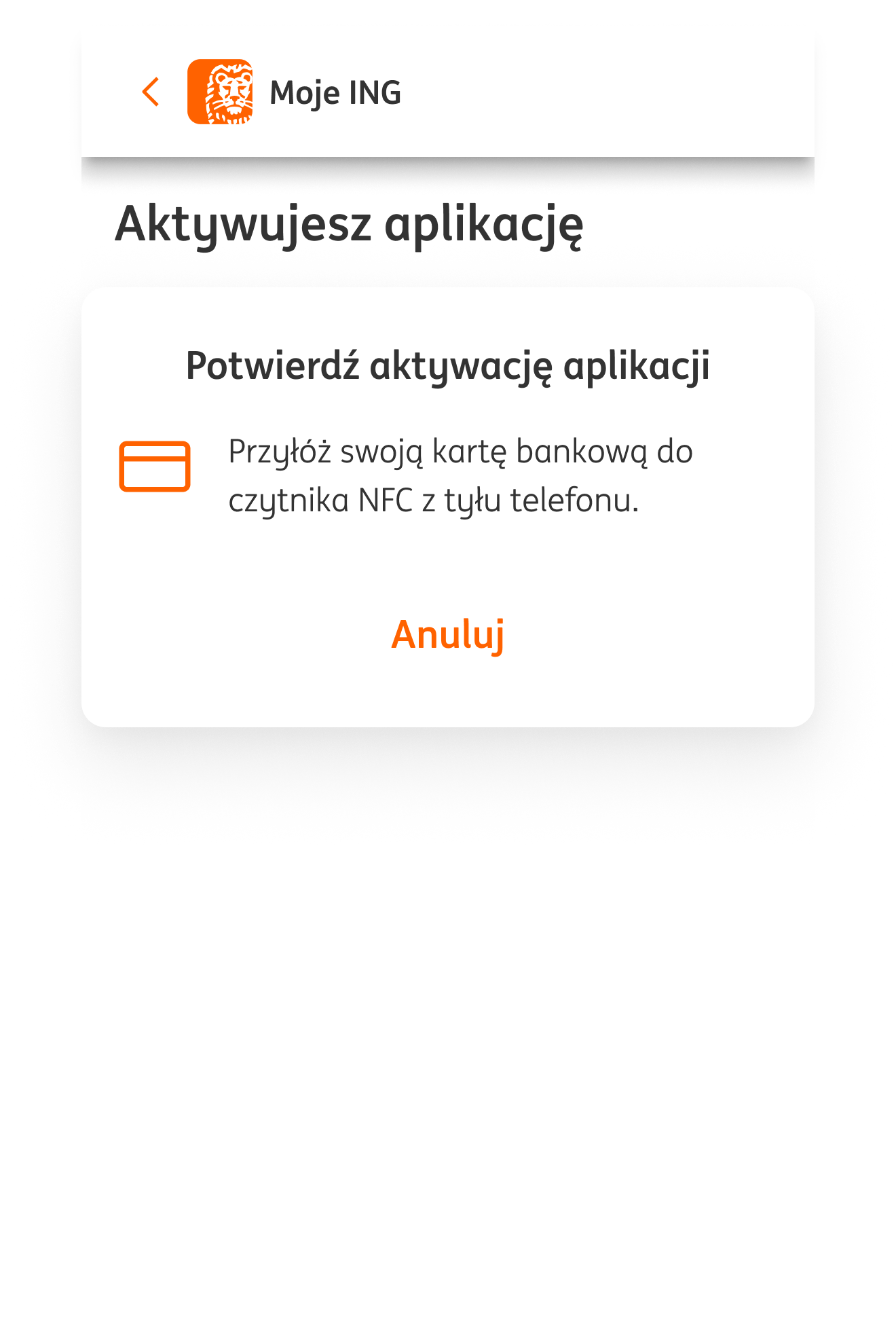Ekran dodatkowej autoryzacji. Potwierdź aktywację aplikacji przykładając kartę bankową do czytnika NFC z tyłu telefonu.