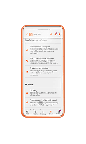 Przykładowy ekran listy Usług w aplikacji Moje ING z zaznaczonymi Zaplanowanymi płatnościami