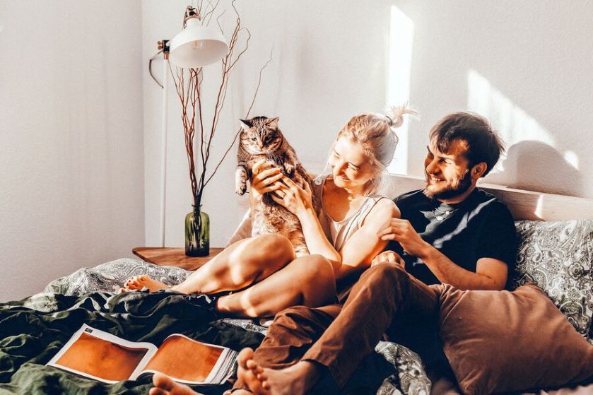Szczęśliwa para siedzi na sofie w swoim mieszkaniu i bawi się z kotem