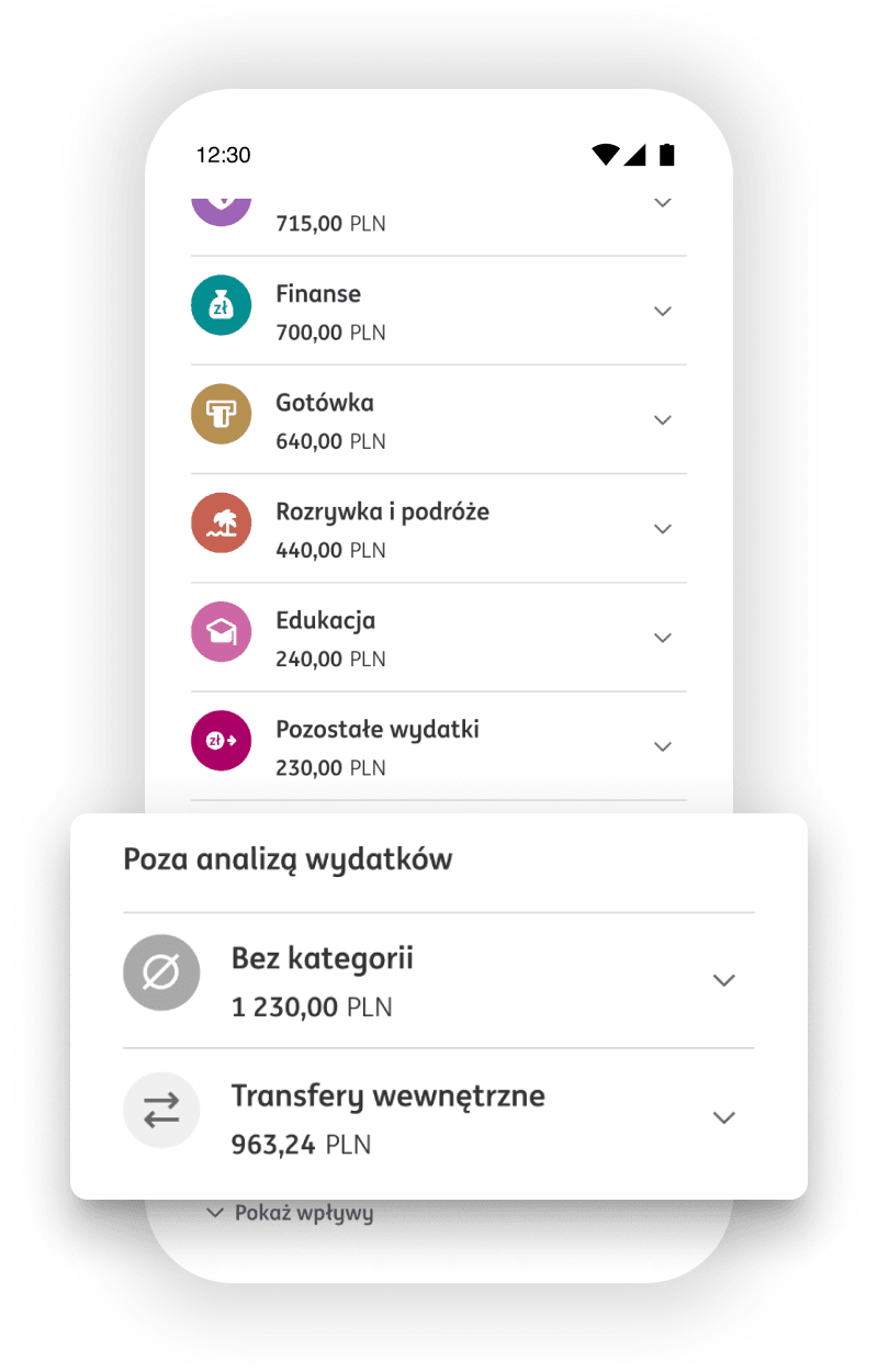 Ekran analizy wydatków z podkreśniem funkcji wyłączenia z analizy