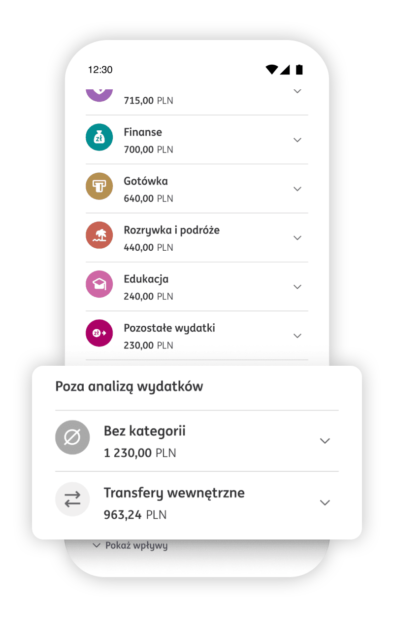 Ekran analizy wydatków z podkreśniem funkcji wyłączenia z analizy