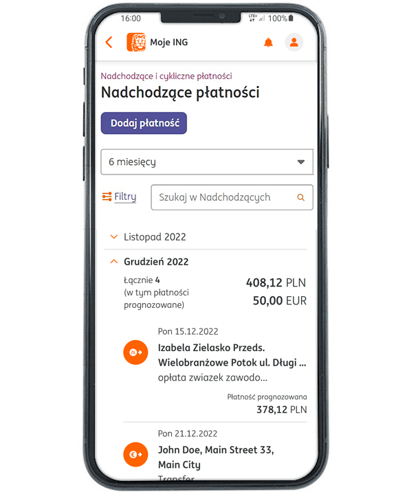 Przykładowy ekran z aplikacji Moje ING - Widok Nadchodzące płatności