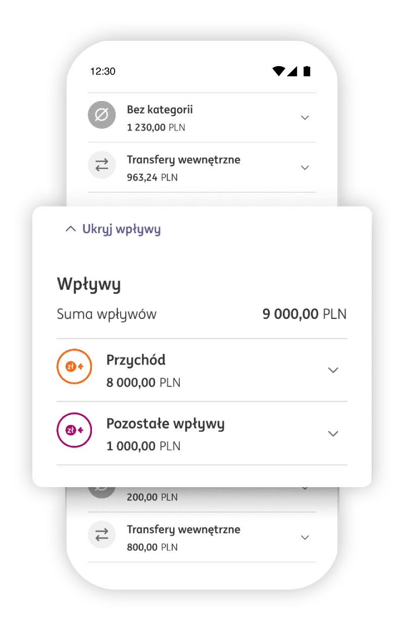 Ekran analizy wydatków z podkreśleniem wpływów
