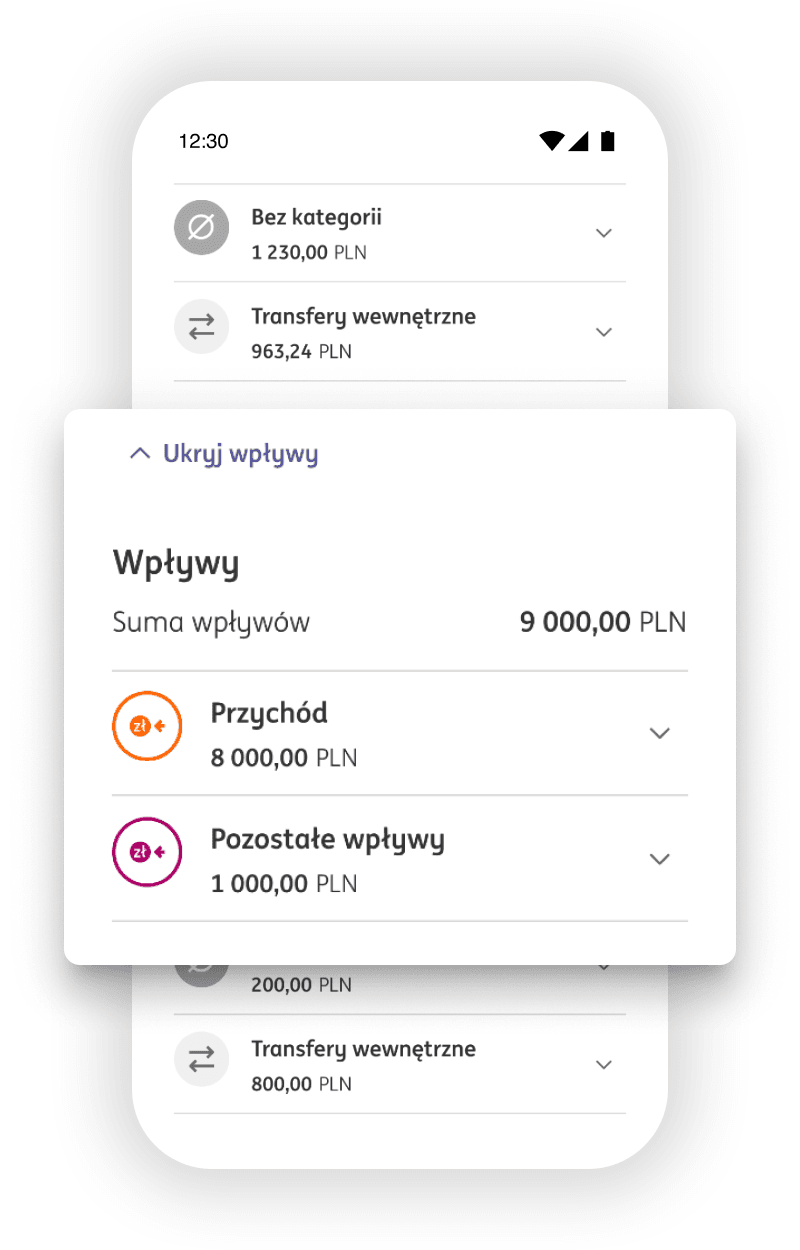 Ekran analizy wydatków z podkreśleniem wpływów