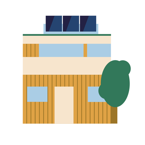 Ilustracja przedstawiająca budynek z panelami fotowoltaicznymi na dachu.