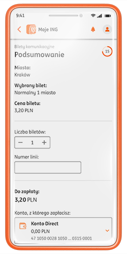 Przykładowy ekran aplikacji Moje ING z podsumowaniem zakupu biletu