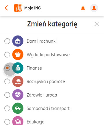 Fragment listy kategorii z Analizy wydatków w aplikacji Moje ING