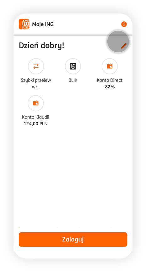 Ekran aplikacji przed zalogowaniem. Szarym kółkiem zaznaczony przycisk w kształcie ołówka w prawym górnym rogu, który oznacza możliwość edycji skrótów