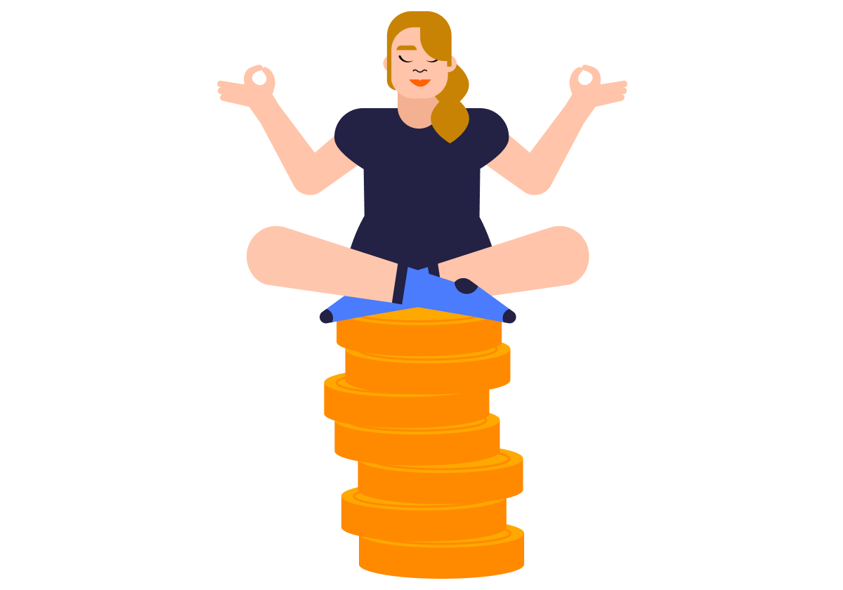 kobieta siedzi w pozycji medytacyjnej na stosie monet