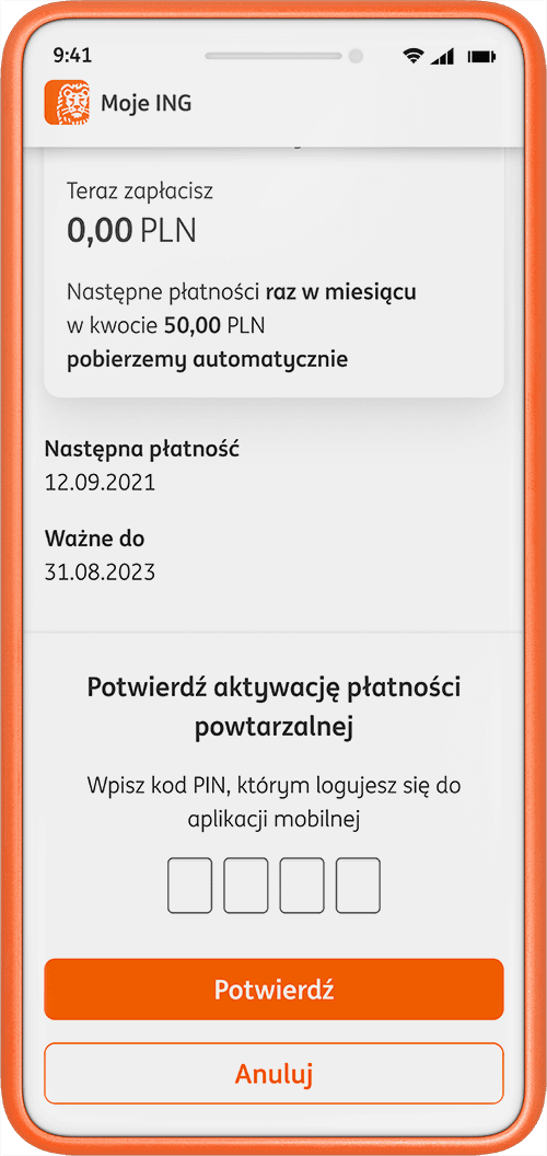 Przykładowy ekran aplikacji Moje ING - aktywacja płatności cyklicznych BLIK - potwierdzenie PIN-em