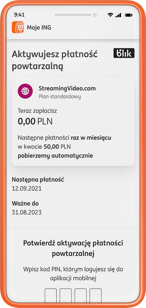 Przykładowy ekran aplikacji Moje ING - aktywacja płatności cyklicznych BLIK - szczegóły płatności powtarzalnej BLIK