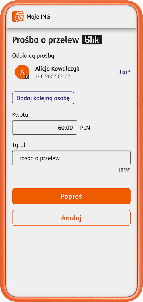 Przykładowy ekran aplikacji Moje ING - widok prośba o przelew - szczegóły prośby