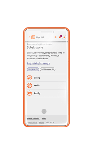Przykładowy Ekran Mojego ING z listą aktywnych subskrypcji