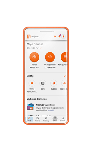Przykładowy ekran: Strona główna aplikacji Moje ING z zaznaczonym menu Usługi