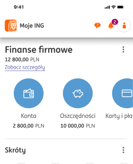 Ekran aplikacji Moje ING, na którym widać stronę główną