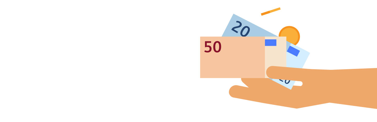 Ilustracja ręki trzymającej banknoty, obok widoczne również monety.