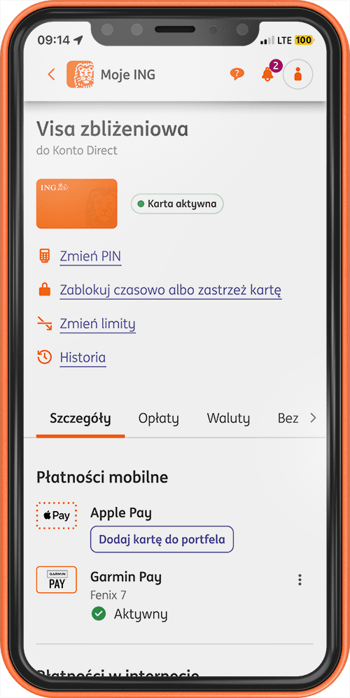 Przykładowy ekran z aplikacji Moje ING - szczegóły karty Visa zbliżeniowej