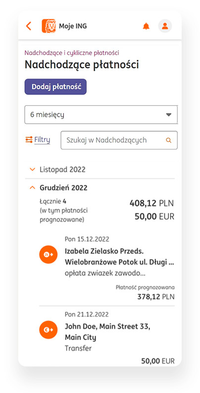 Nadchodzące płatności w Moim ING