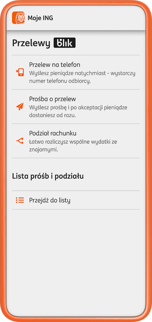 Przykładowy ekran aplikacji Moje ING - widok przelewy BLIK