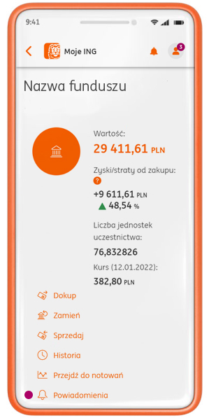 Ekran telefony, a na nim fundusz inwestycyjny, z zaznaczoną fioletową kropką funkcja włączenia powiadomień.