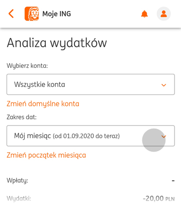 Fragment Analizy wydatków w aplikacji Moje ING ze wskazaniem na pole "Zakres dat"