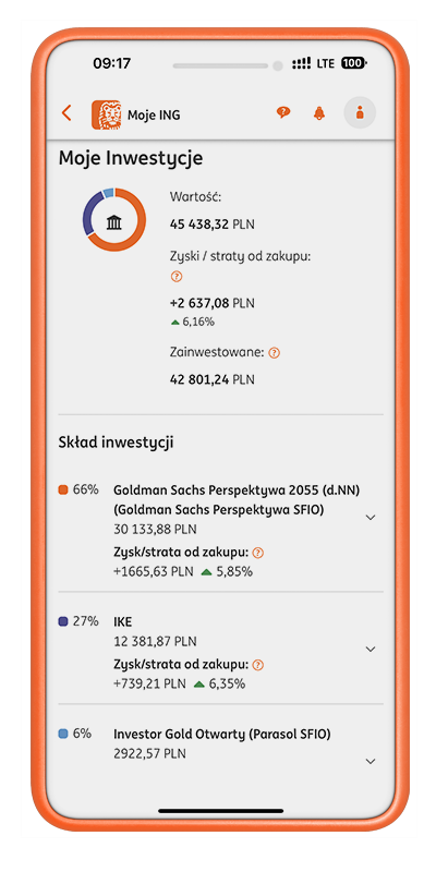 Rozszerzony widok poglądu inwestycji na smartfonie.