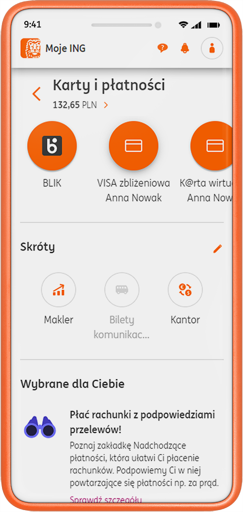 Przykładowy ekran z aplikacji Moje ING - widok grupy produktów Karty i płatności