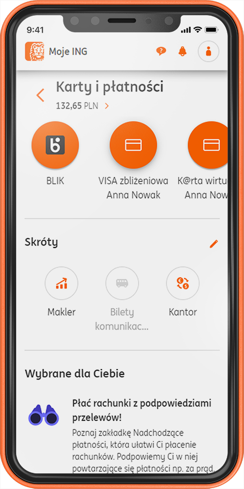 Przykładowy ekran z aplikacji Moje ING - widok grupy produktów Karty i płatności