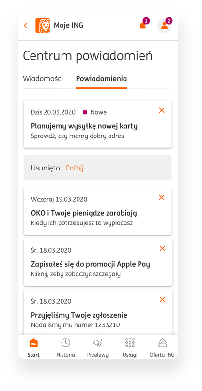 Ekran powiadomień w Moim ING