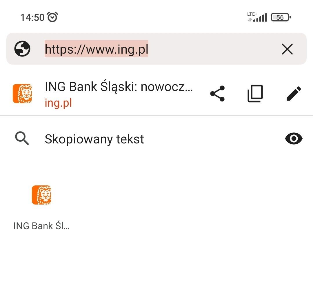 kran telefonu, gdzie w pasku z adresem url widoczny jest pełen adres po podświetleniu https://www.ing.pl